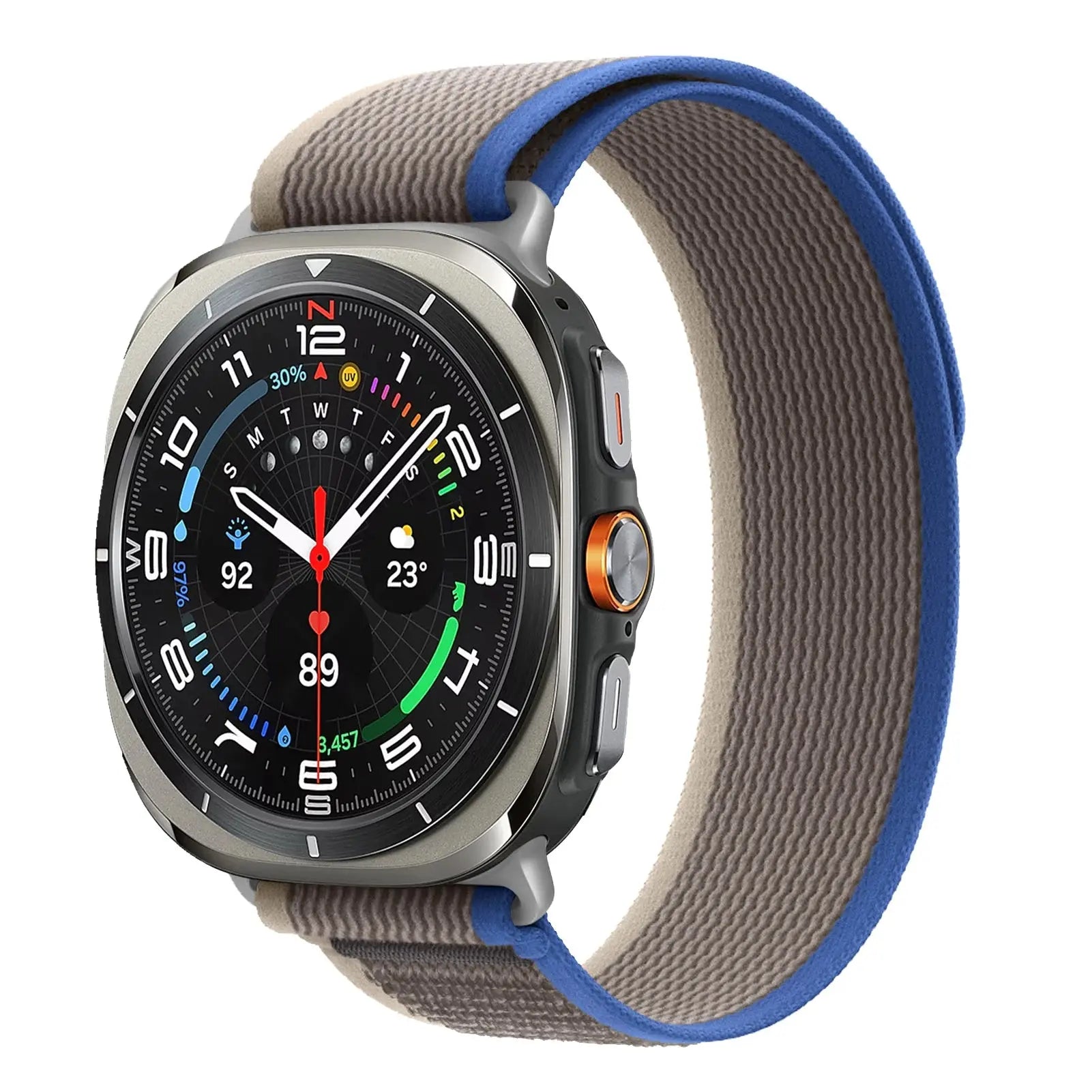 Soft Stretchy Nylon Trail Bands for Galaxy Watch Ultra on a stylish watch featuring a modern design and vibrant colors.