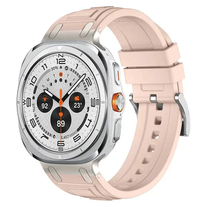 Rocky soft silicone sports band for Galaxy Watch Ultra in pink, showcasing rugged design and comfort.