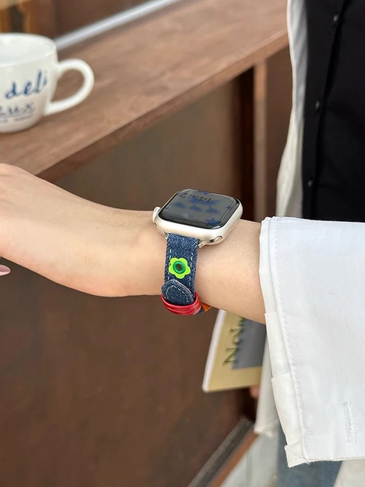 Cute Denim & Leather Apple Watch Band for Women (38–49mm)