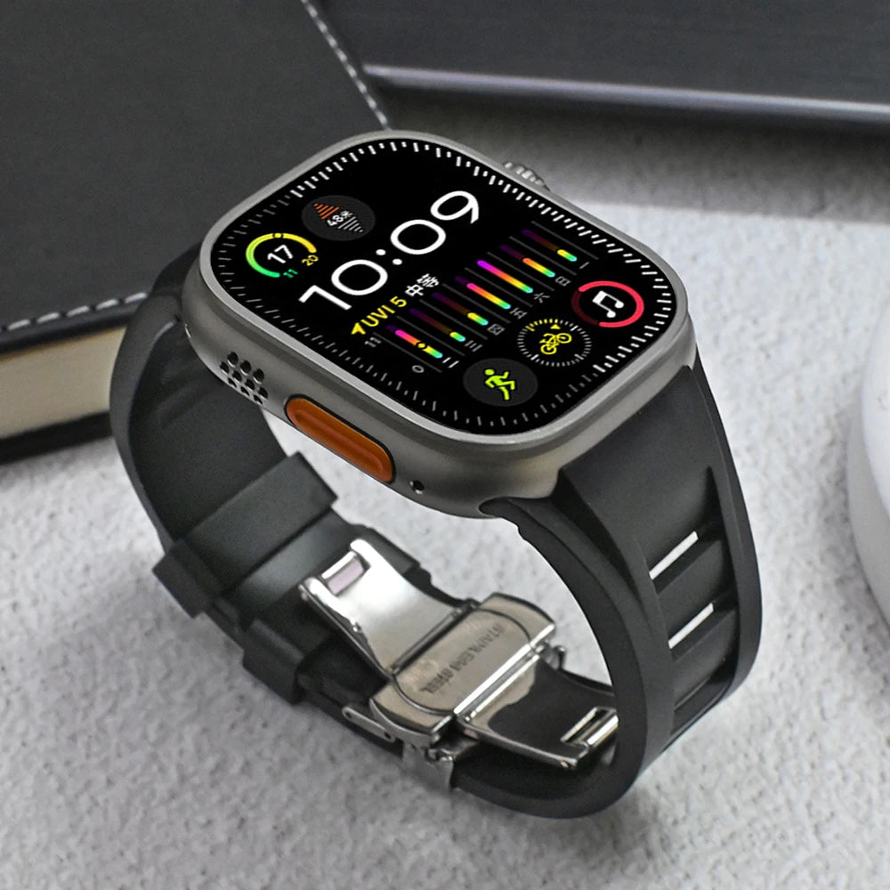 Silicon Sports Band for Apple Watch Ultra & Series (44–49mm) on Apple Watch showcasing colorful interface and sleek design.