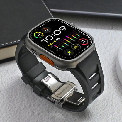 Silicon Sports Band for Apple Watch Ultra & Series (44–49mm) on Apple Watch showcasing colorful interface and sleek design.