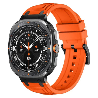 Rocky rugged silicone sports band in orange for Galaxy Watch Ultra, designed for adventure and comfort.