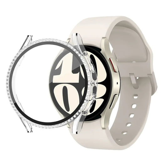 PC Diamond Style Case + Glass for Samsung Galaxy Watch 6/40mm/44mm showcasing protective design and rhinestone features.