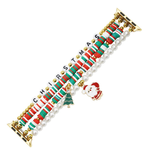 Christmas Beaded Apple Watch Band – Festive Bracelet Strap featuring red, green, and white beads with charms.