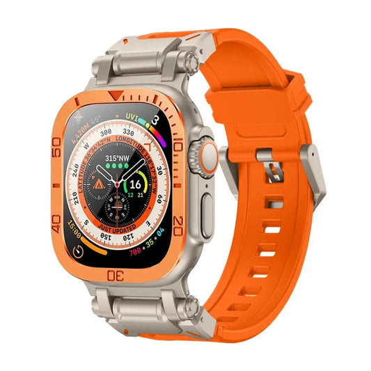 Rugged Silicon Band with Metal Case and Glass for Apple Watch Ultra 49mm, featuring durable screen protector and sporty design.