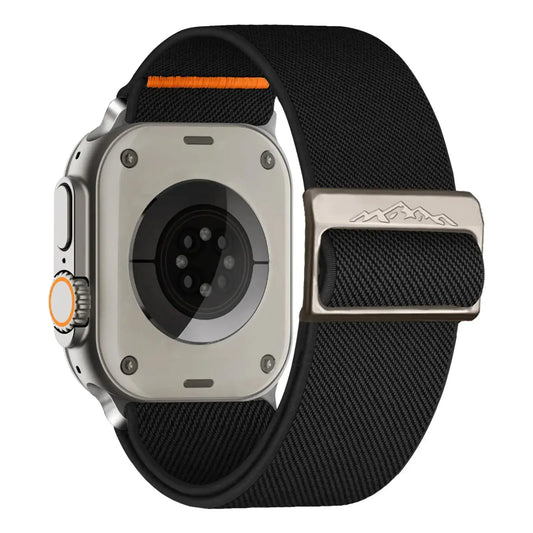Nylon elastic strap with titanium buckle for Apple Watch, featuring a braided solo loop design in black.