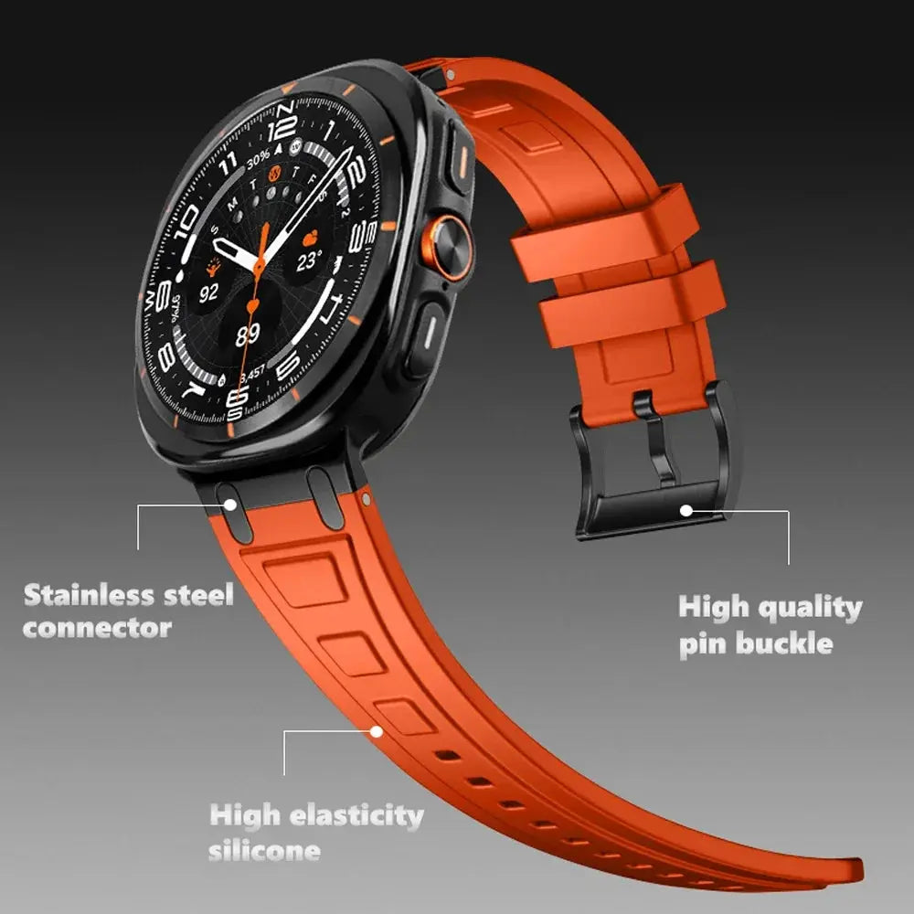 Rocky silicone sports band for Galaxy Watch Ultra, featuring stainless steel connector and high-quality pin buckle.