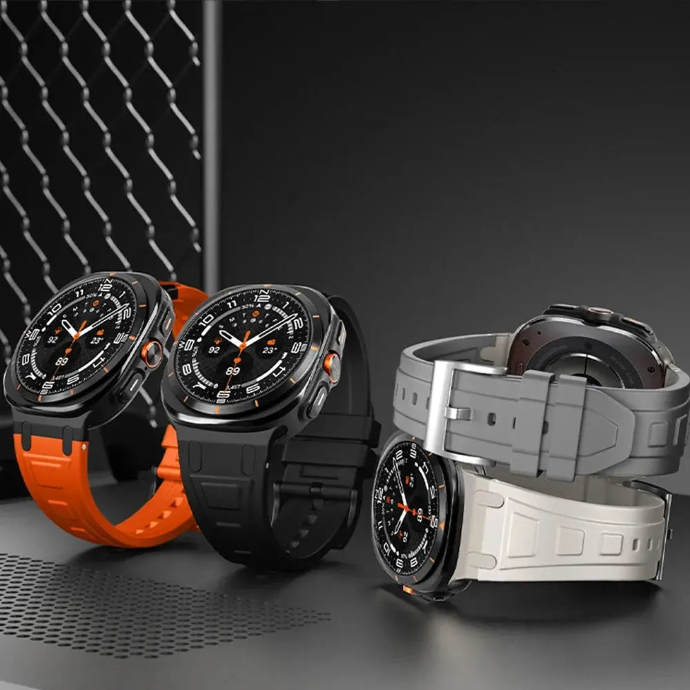 Rocky silicone sports bands for Galaxy Watch Ultra in black, orange, and gray, featuring rugged design and secure fit for outdoor activities.