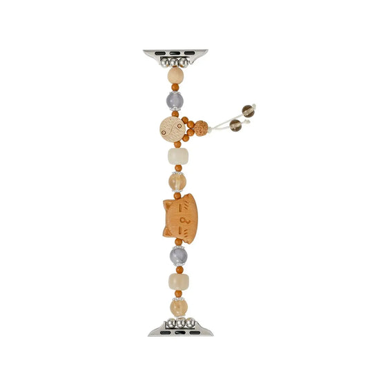 Wooden Cat Beaded Apple Watch Band – Handmade Bracelet Strap featuring wooden beads and cat charm.