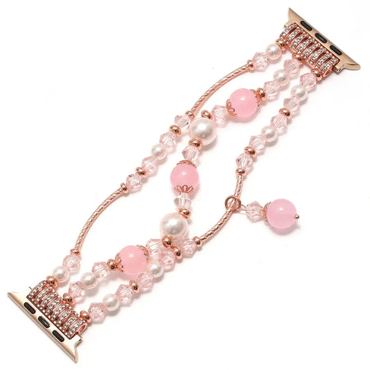 Pearl Beaded Apple Watch Band – Elegant Jewelry Bracelet Strap with pink beads and rose gold accents