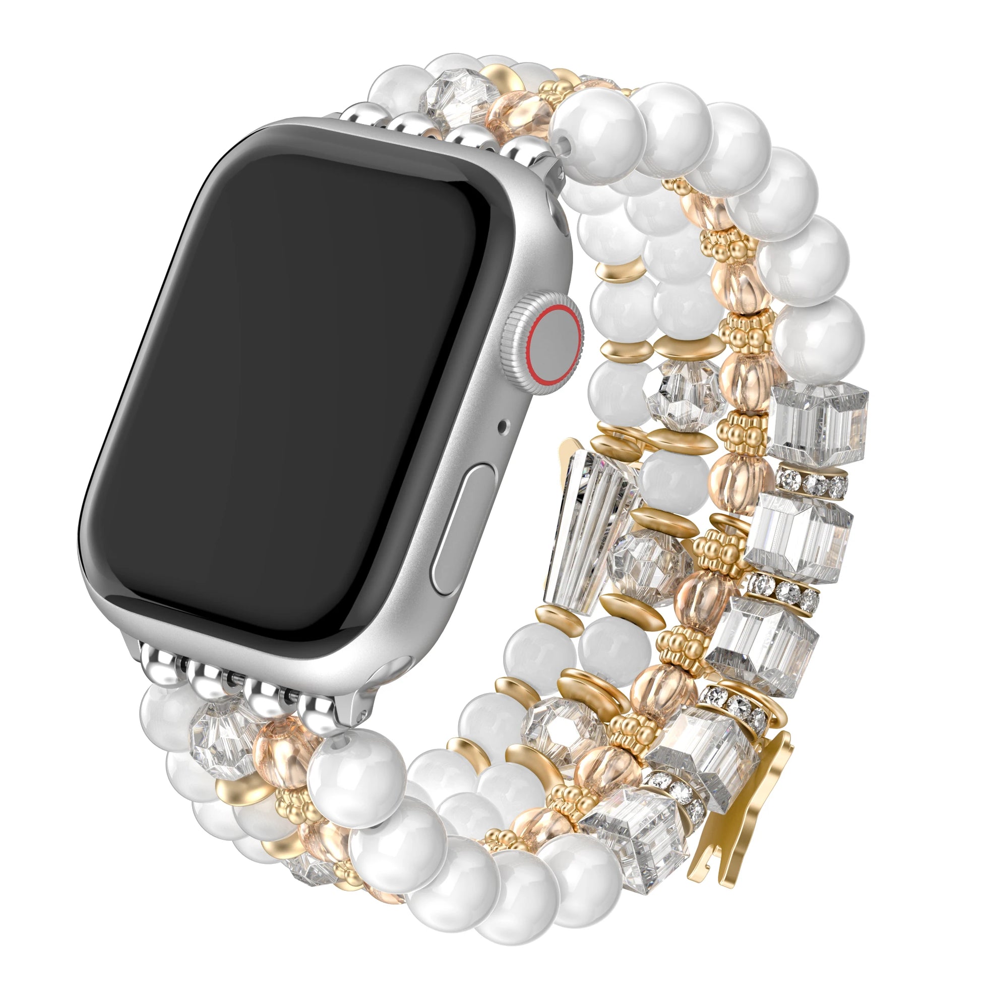 Beaded Apple Watch Band – Boho Bracelet with Butterfly Charms showcasing handmade beads and crystals for a stylish smartwatch accessory.