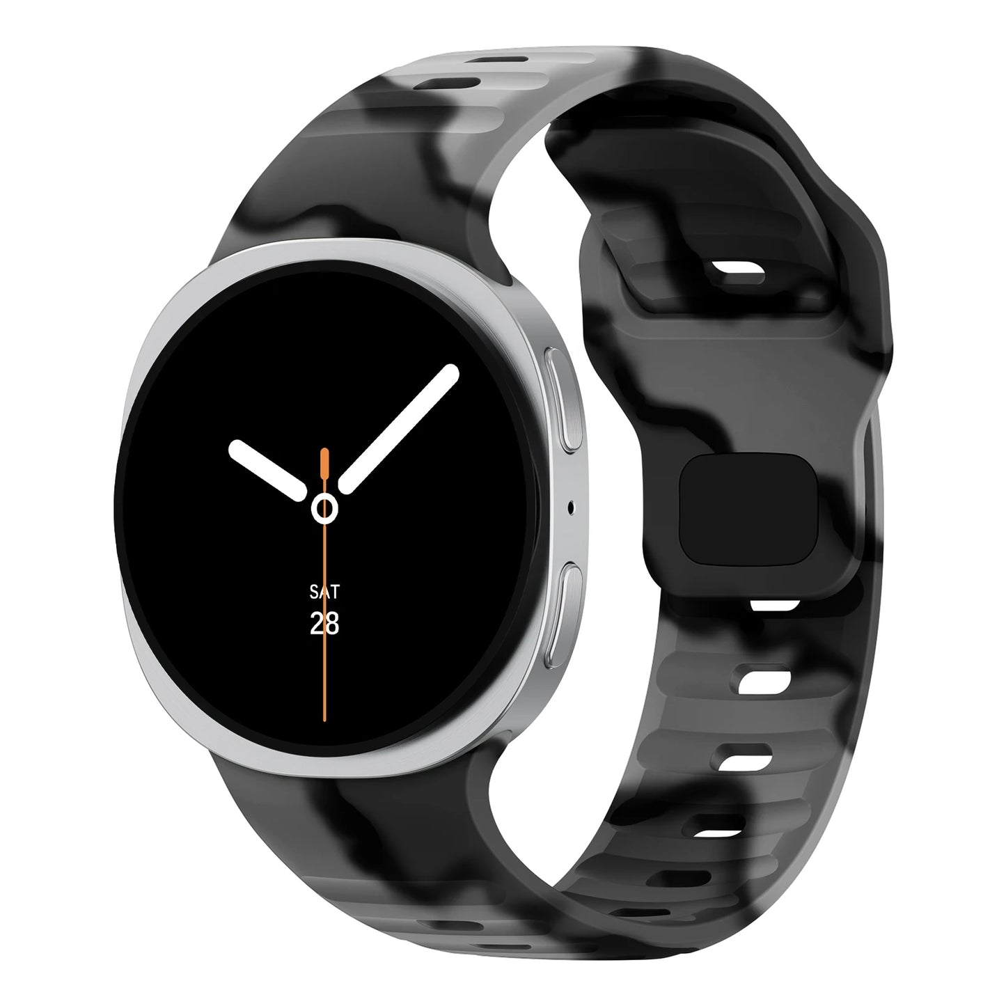 Rugged Silicone Sport Band for Samsung Galaxy Watch (40–47mm) on a smartwatch in a black and grey design.