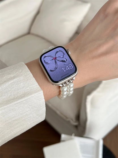 Luxury Pearl & Diamond Bow Apple Watch Band (38–49mm)