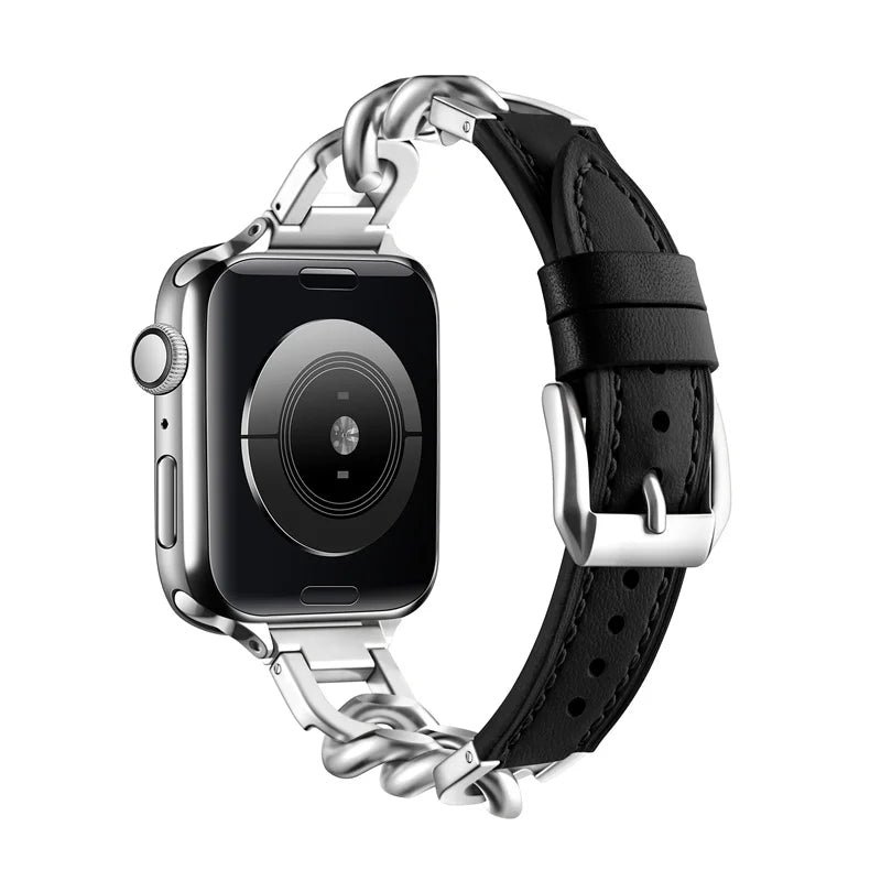 Luxury Leather & Steel Chain Band for Apple Watch 38–49mm