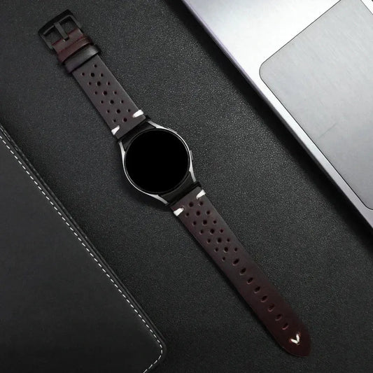 Classy Quick Fit No Gaps Leather Bands on a smartwatch against a sleek desk background.