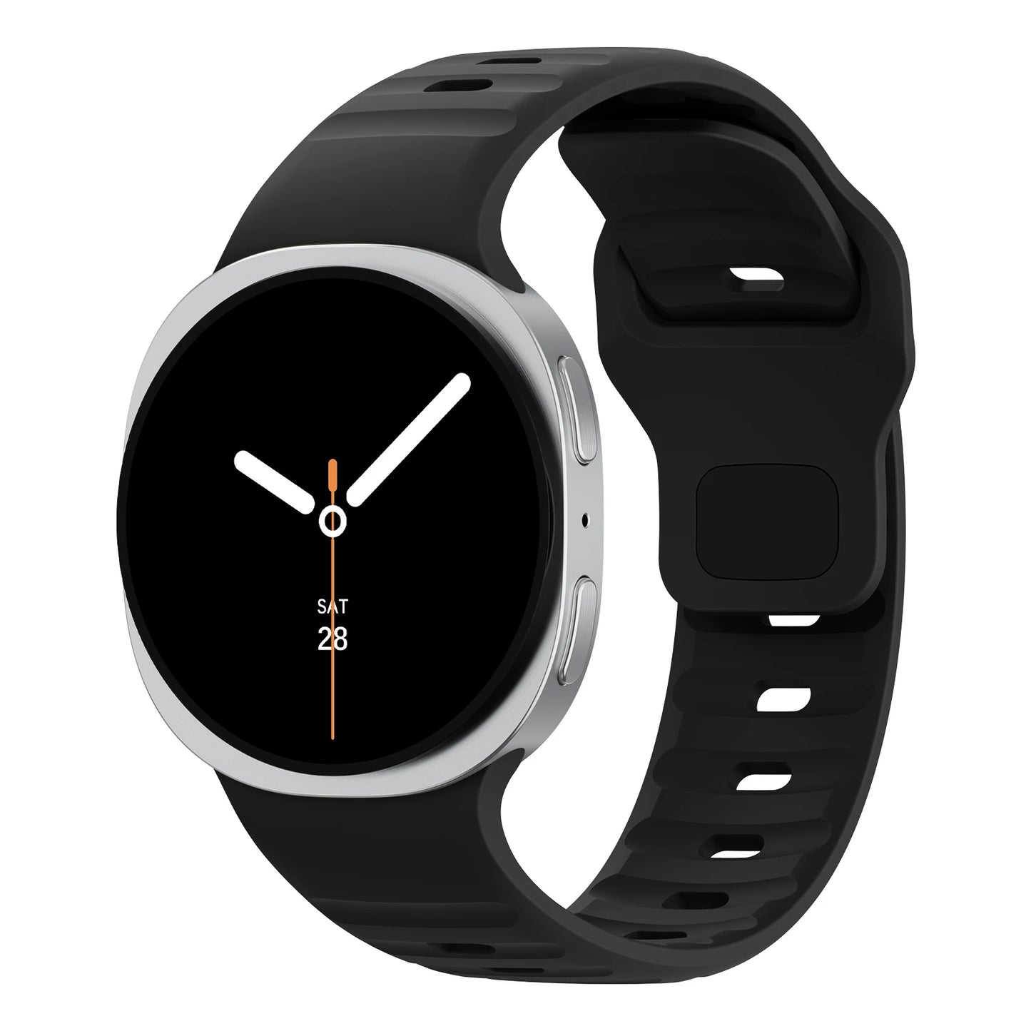Rugged Silicone Sport Band for Samsung Galaxy Watch (40–47mm) in black on a smartwatch.