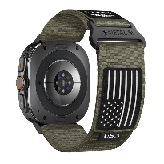 Rugged Nylon Military Loop Bands for Galaxy Watch Ultra on a tactical watch with USA flag design.