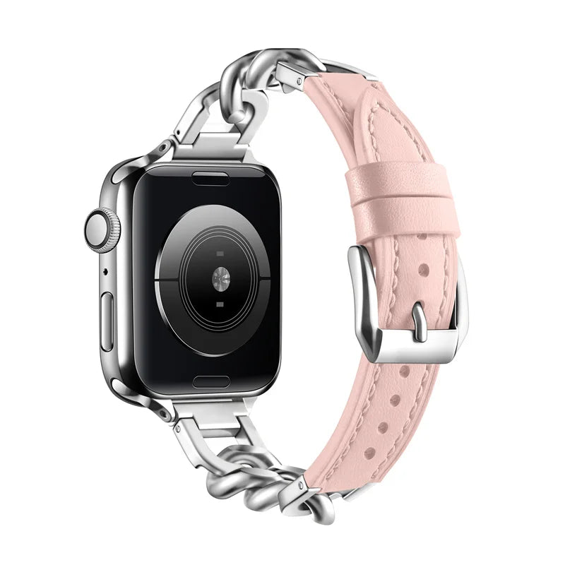 Luxury Leather & Steel Chain Band for Apple Watch 38–49mm