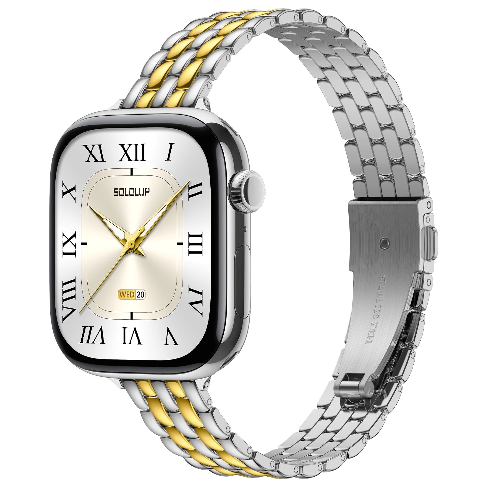 Cera Slim Stainless Steel Apple Watch Band for Women featured on an Apple Watch, showcasing elegant gold and silver design.