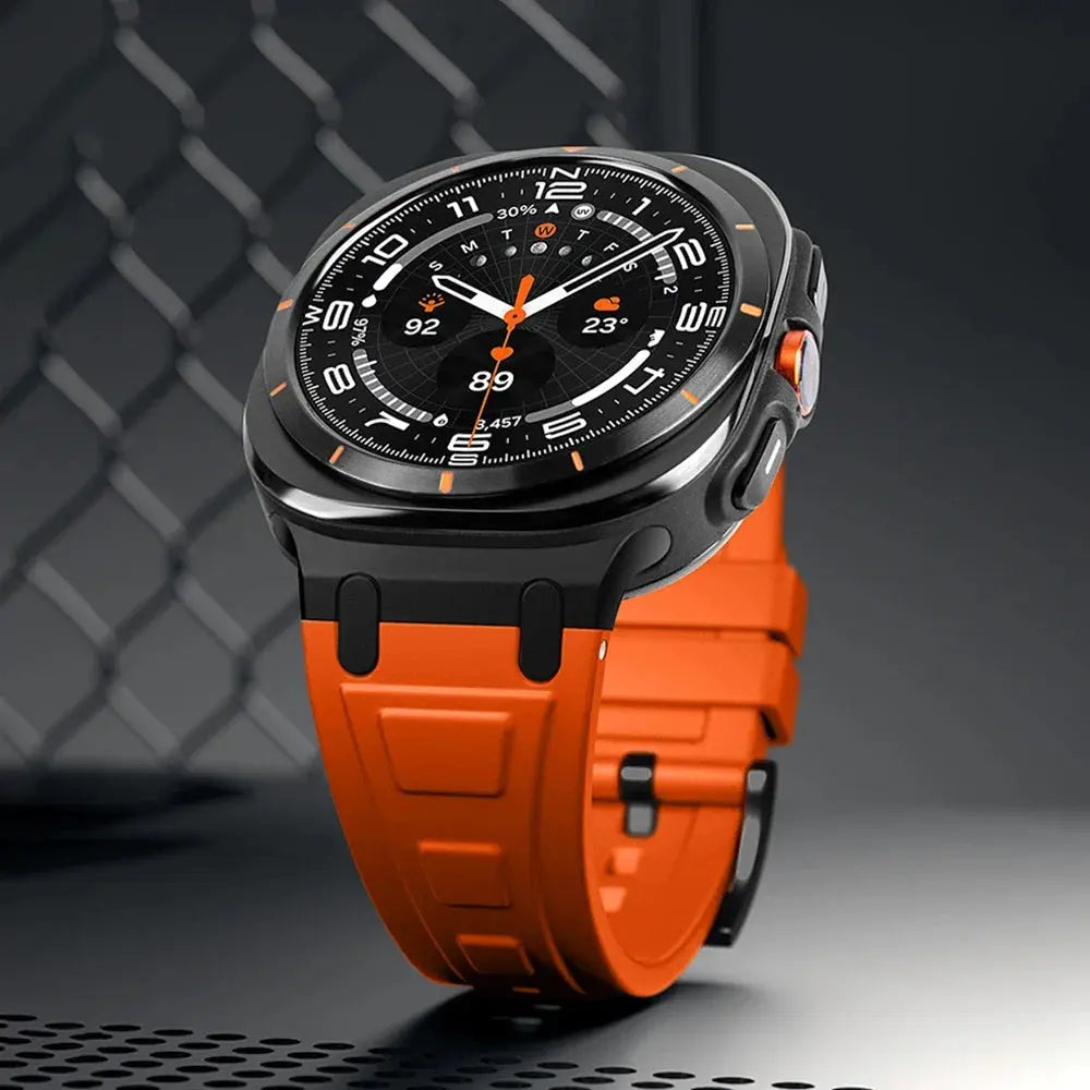 Rocky silicone sports band for Galaxy Watch Ultra in vibrant orange, designed for adventure and comfort, perfect for workouts.