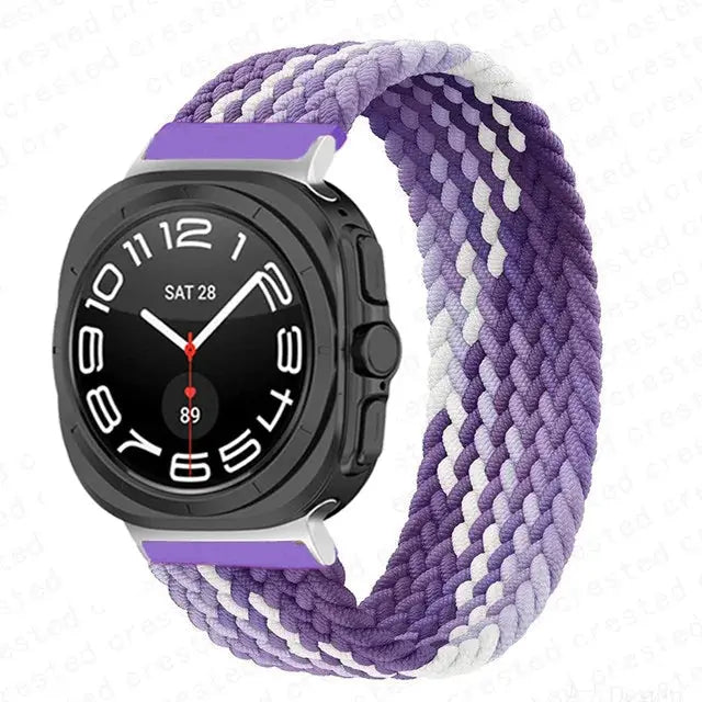 Stretchy Braided Solo Bands for Galaxy Watch Ultra in purple and white, showcasing comfort and style.