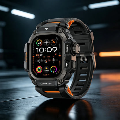 A rugged smartwatch with a black and dark gray protective case and a black strap featuring orange accents, displayed on a reflective dark surface with a blurred futuristic background.