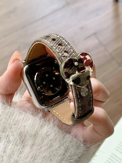 Retro Leopard Leather Heart Band for Apple Watch 38-49mm Series