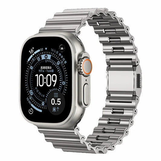 Magnetic Metal Band for Apple Watch Ultra 3 & Series 11–4 showcased on an Apple Watch with a sleek design.