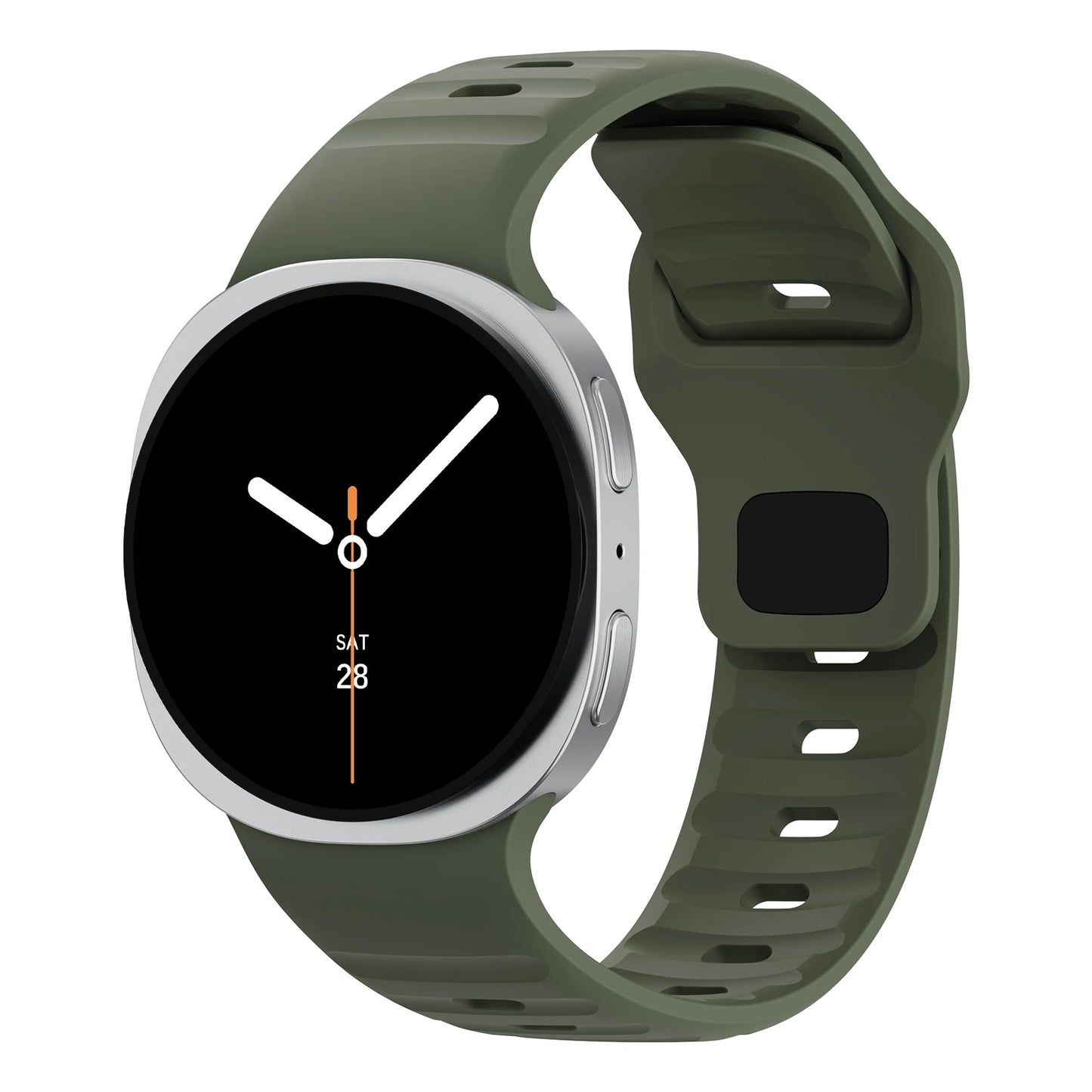 Rugged Silicone Sport Band for Samsung Galaxy Watch (40–47mm) in green color on a smartwatch display.