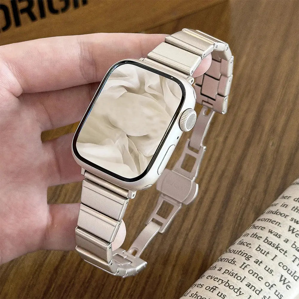 Dina stainless steel bracelet on an Apple Watch, showcasing sleek design and elegant finish, perfect for women.