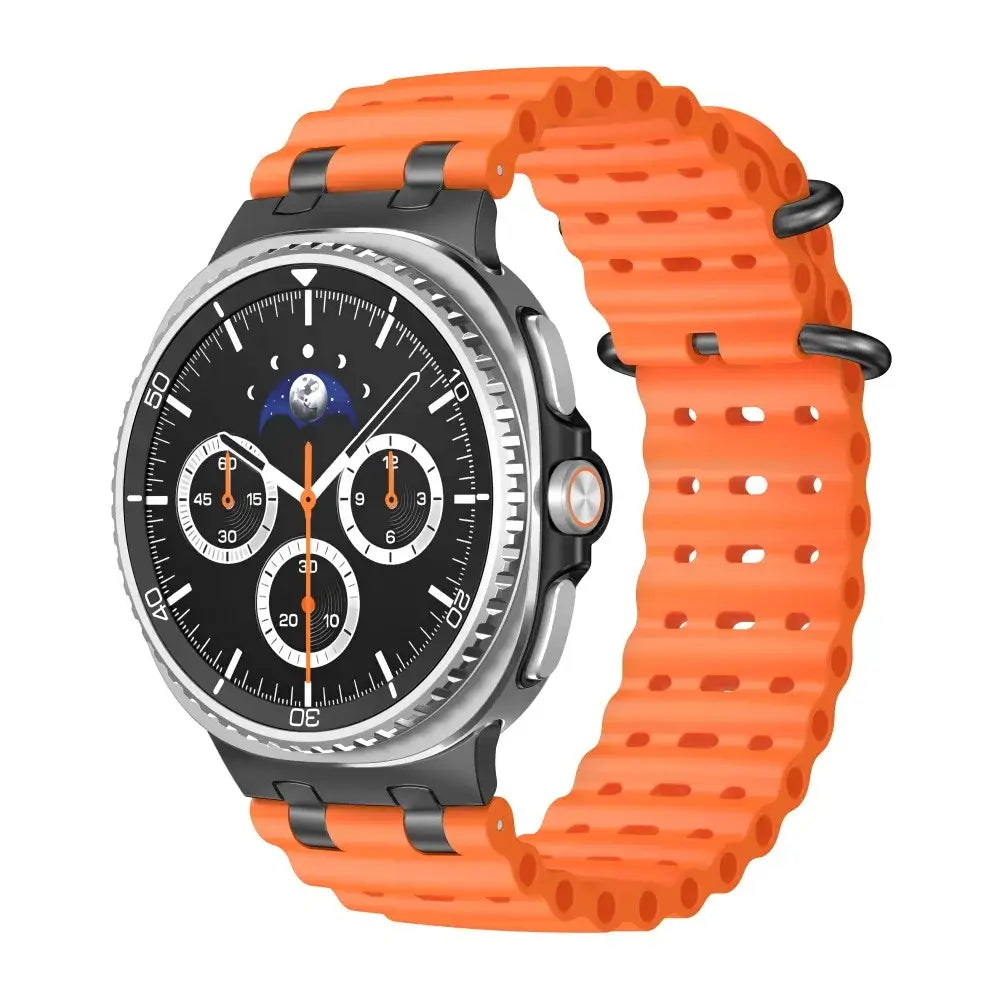 Sports Silicone Galaxy Watch 8 Bands | Ocean Soft Loop Strap 40/44/46mm in vibrant orange color worn on a smartwatch.