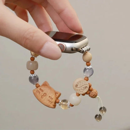 Wooden Cat Beaded Apple Watch Band – Handmade Bracelet Strap