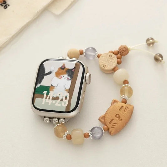 Wooden Cat Beaded Apple Watch Band – Handmade Bracelet Strap