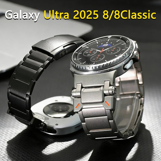 No Gaps Titanium Band for Samsung Galaxy Watch Ultra 47mm displayed on Galaxy Ultra 2025 and 8/8 Classic watches.