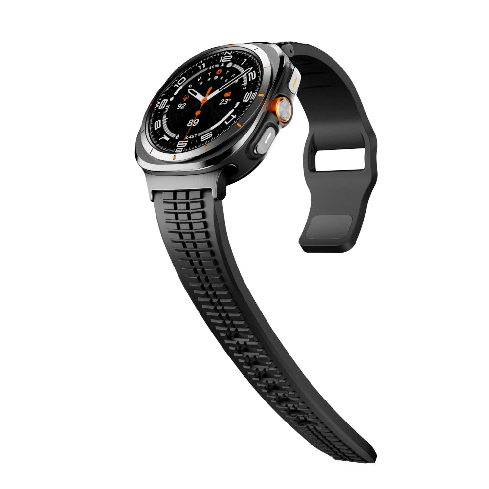 Soft Silicone Sport Band for Samsung Galaxy Watch Ultra & 8 attached to a smartwatch, showcasing comfort and style.