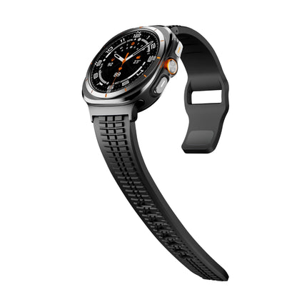 Soft Silicone Sport Band for Samsung Galaxy Watch Ultra & 8 attached to a smartwatch, showcasing comfort and style.