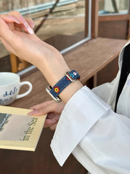 Cute Denim & Leather Apple Watch Band for Women (38–49mm)
