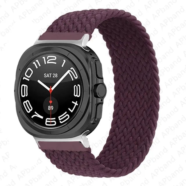 Stretchy Braided Solo Bands for Galaxy Watch Ultra in a stylish braided design, featured on a smartwatch.