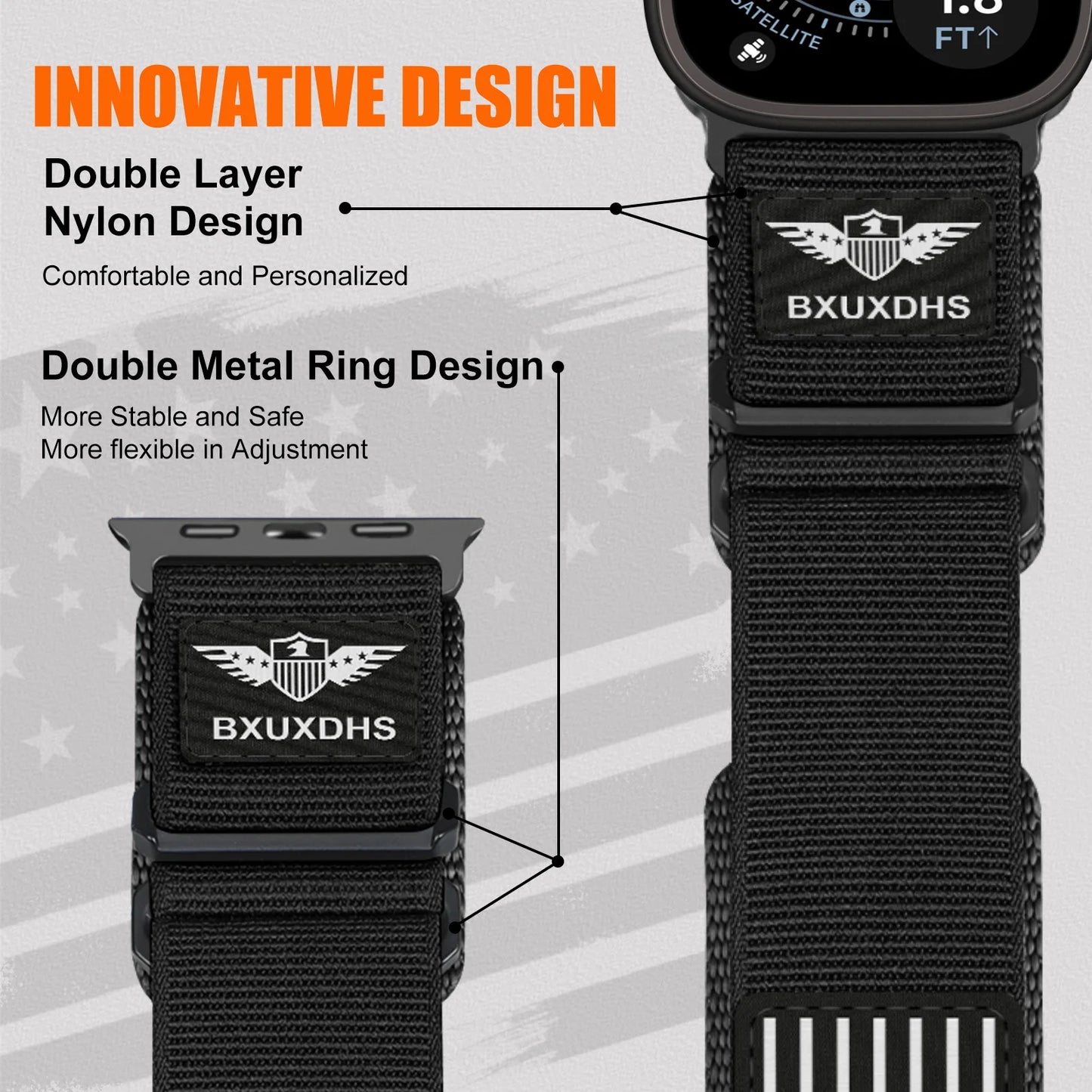 James Rugged Nylon Apple Watch Ultra Band 49mm USA Flag Strap