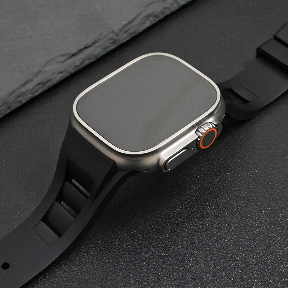 Silicon Sports Band for Apple Watch Ultra & Series (44–49mm) displayed on dark background, showcasing its premium quality.