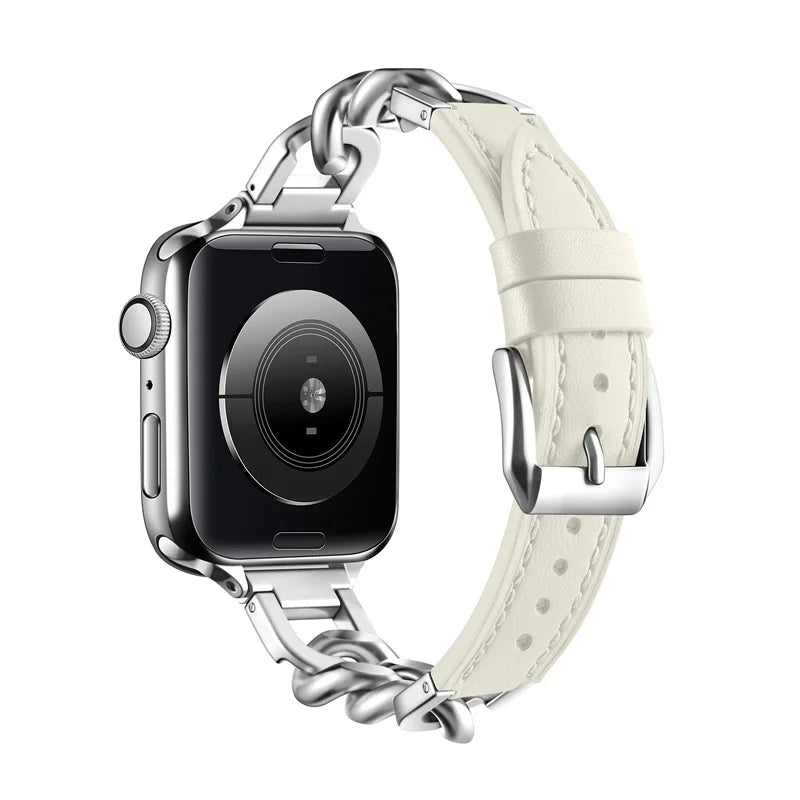 Luxury Leather & Steel Chain Band for Apple Watch 38–49mm