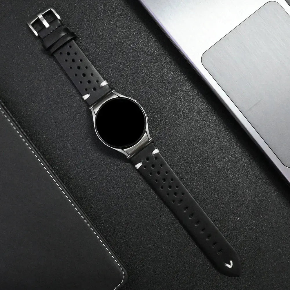 Classy Quick Fit No Gaps Leather Bands displayed next to a laptop, showcasing its elegant design and secure fit.