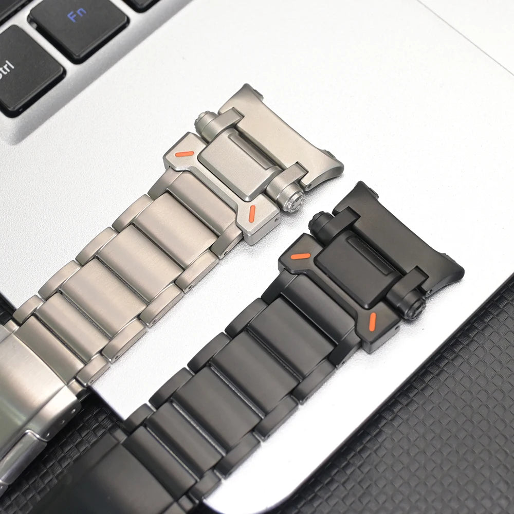 No Gaps Titanium Band for Samsung Galaxy Watch Ultra 47mm in sleek black and silver colors on a laptop surface.
