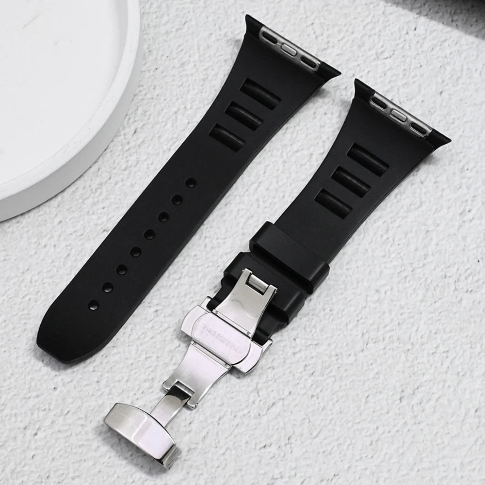 Silicon Sports Band for Apple Watch Ultra & Series (44–49mm) in black silicone with stainless steel buckle.
