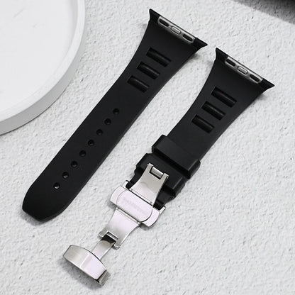Silicon Sports Band for Apple Watch Ultra & Series (44–49mm) in black silicone with stainless steel buckle.