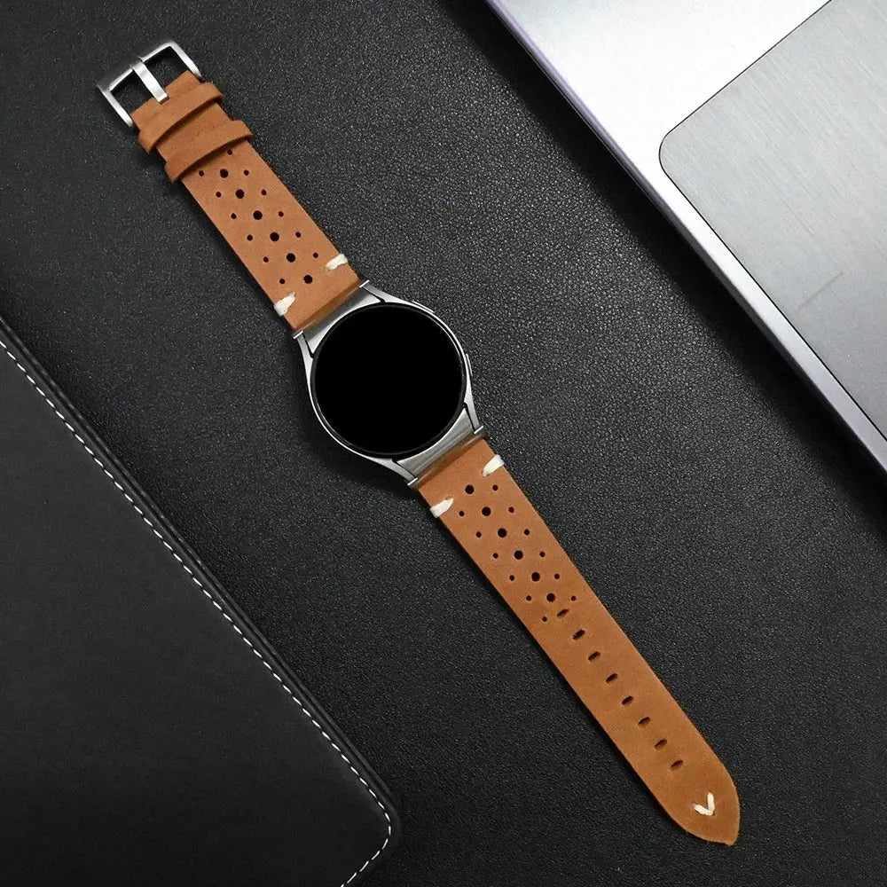 Classy Quick Fit No Gaps Leather Bands on a stylish watch against a sleek laptop background.