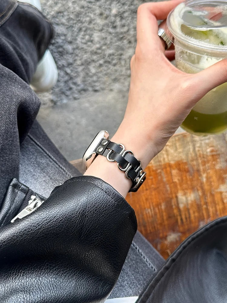 Retro Leather Apple Watch Band for Women (38–49mm) showcased with a stylish outfit and drink.
