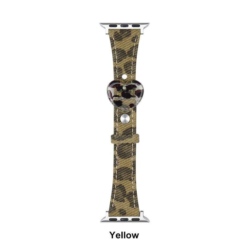 Retro Leopard Leather Heart Band for Apple Watch 38-49mm Series