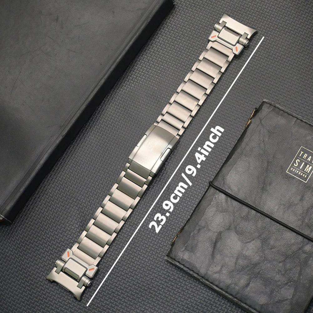 No Gaps Titanium Band for Samsung Galaxy Watch Ultra 47mm shown beside a notebook, dimensions 23.9cm / 9.4inch.