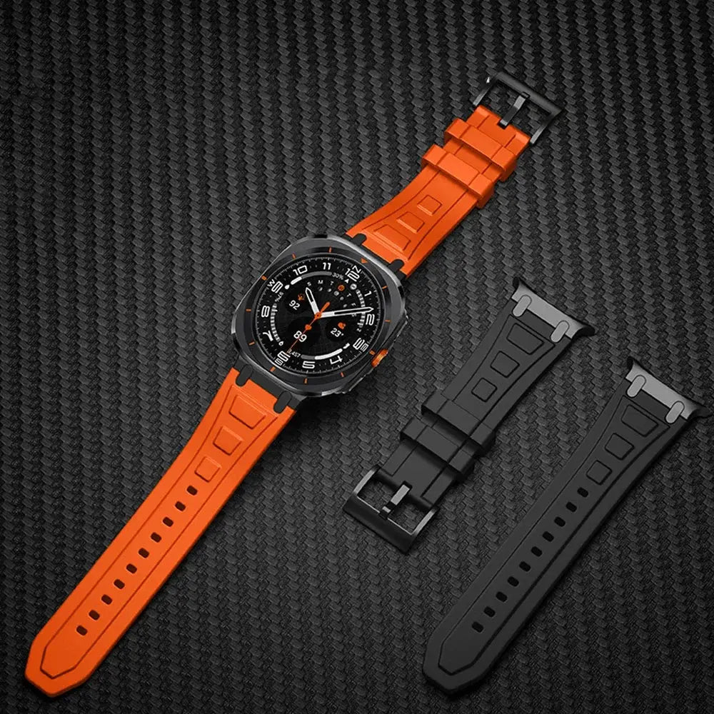 Rocky silicone sports bands for Galaxy Watch Ultra in orange and black, designed for adventure and comfort.